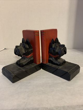 Vintage Art Deco Carved Wood Scottie Dog With Books Bookends