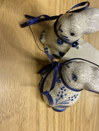 Blue Crackle Pottery Bunny Rabbit Figurines Pair