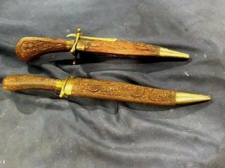Vintage Indian Scabbards Carving Set Wood And Brass With Fork And Knife