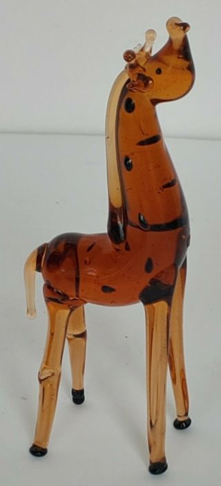 Vintage Giraffe Figurine 5 " Hand Blown Glass Giraffe Collectable Amber & Black