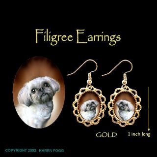 Lhasa Apso / Shih Tzu Dog - Gold Filigree Earrings Jewelry