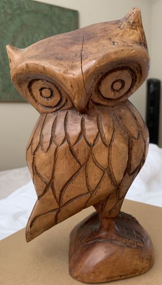 Vintage Folk Art 9” Hand Carved Wooden Owl Wood Statue