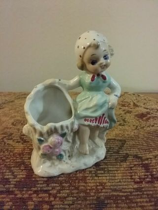Vintage Lefton Girl With Scarf Porcelain Toothpick / Match Holder