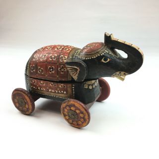 Vintage Hand Carved Wooden Elephant On Wheels Spice Box 8 " X 6 "
