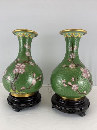 Vintage Chinese Cloisonne Vases With Stands In Green