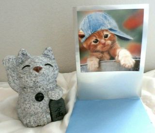 Wrapped Granite Maneki " Neko Money Cat Sculpture " With Cat Greeting Card