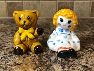 Avon Rag Doll & Teddy Bear Salt And Pepper Shaker Set Hand Painted Vintage