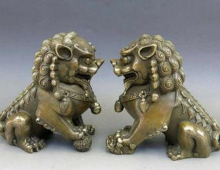 Chinese Antique Bronze Feng Shui Fu Foo Dog Lion Statue Door God Pair Lions
