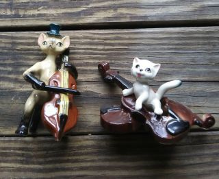 2 Cats Kitten Top Hat Playing Bass Violin Cello Guitar Figurines Band 4 "