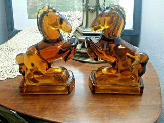 Pair Vintage Heavy Rearing Horse Bookends Amber Glass Vgvc