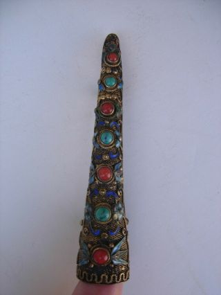 Antique Chinese Filigree Silver Enamel Coral Turquoise Finger Nail Guard Brooch