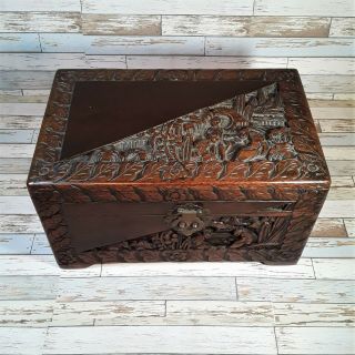 Vintage Chinese Hand Carved Camphor Wood Chest Box Circa 1940s