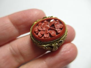 Gorgeous Vintage Chinese Export Sterling Carved Cinnabar Ring - No Res Fine Piece
