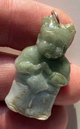Rare Antique Chinese Cavred Jade Pendant Buddha With A Silver Bale Ring