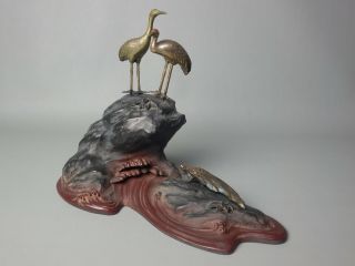 Japanese Vintage Bronze Metal Ornament Crane Tsuru Turtle Kame Ocean Wave Rock