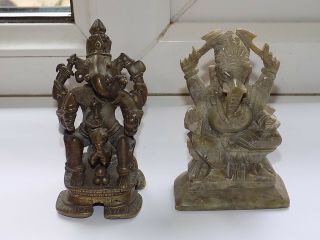 Antique Indian Heavy Cast Silver Brass Hindu Figure & Hardstone Ganesha Figure
