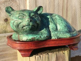 Vintage Or Antique Chinese Bronze Cat Figurine Statue Green Patina Wood Stand