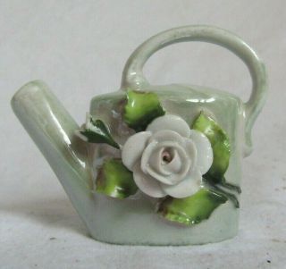 Vintage Porcelain Small Gray Luster Ware Sprinkling Can Figurine Whit White Rose