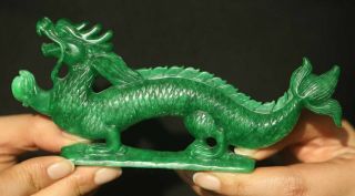 Old China Natural Green Jade Hand - Carved Statue Of Dragon