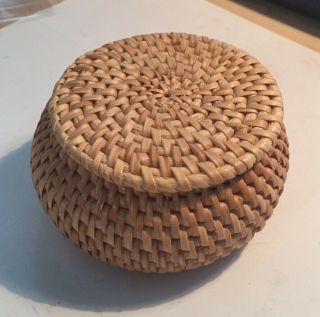 Small Basket With Lid Hand Made Of Reed Grass