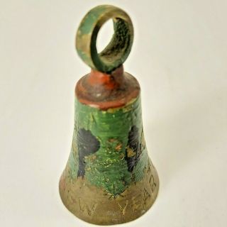 Antique Brass Bell Engraved Happy Year,  Small 2.  75 " Hand Painted