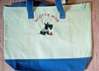 Scottie Scotty Dog Ladies Natural/blue Embroidered Tote,  Scottie Mom,  Big Nose