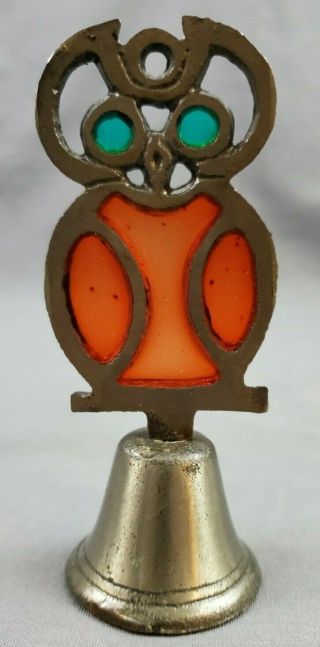 Vintage Metal Cast Iron Stained Glass Owl Bell Black Red Green