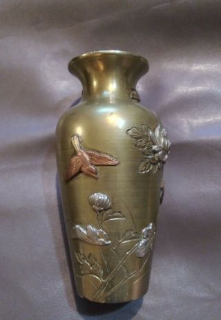 Antique Japanese Bronze Mixed Metal Vase,  Gold,  Silver,  Copper,  Birds,  Flowers