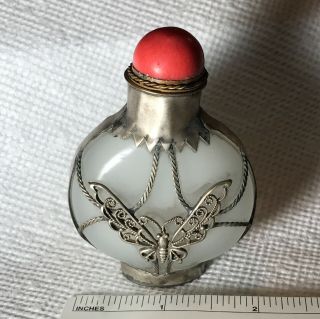 Antique Kwan - Yin Chinese Snuff Bottle In Gray Glass,  Red Cap,  Silver Butterfly