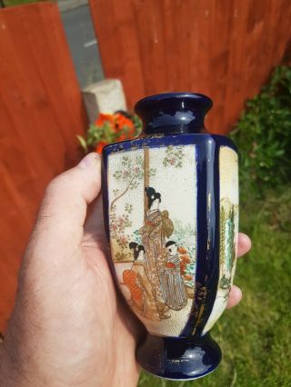 Vintage Antique Japanese Satsuma Pottery Four Sided Vase Cobalt Blue