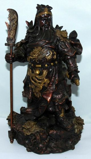 Chinese Copper Nine Dragon Guan Gong Yu God Holding Sword Statue Missing Back