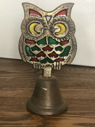 Vintage Metal Stained Glass Cast Iron Owl Bell Colorful Red Green & Yellow