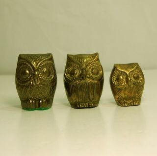 3 Vintage Brass Owl Bird Paperweight Figurines With Light Patina 2 ",  1 1/2 "
