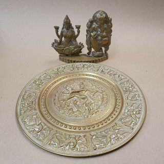 Vintage Brass Hindu Indian Lakshmi Ganesh Elephant God Statue,  Wall Plaque Plate
