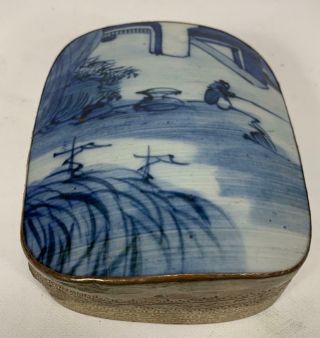 Vintage Chinese Porcelain Shard Silver Plated Blue & White Box 6 " X 6 " X 2 "