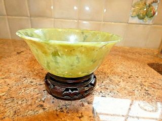 Vintage Hand Carved Chinese Spinach Green Nephrite Jade Bowl On Wood Stand