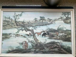 Vintage Japanese Print Horses Watering Framed 14 1/2 " X 23 1/2 " Ryman & Co