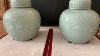 Vintage Asian Chinese Celadon Porcelain Ginger Jar Vase Set Of Two