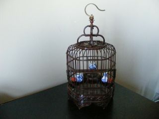 Antique Vintage Chinese Bamboo Bird Cage With Feeders