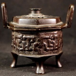 Small Antique Chinese Bronze Censer Incense Burner 6 Sided With Lid & 4 Feet