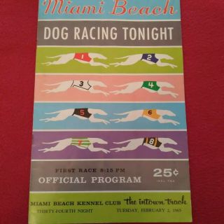 Greyhound Racing Program Miami Beach Florida Feb.  2nd 1965,  Slight Marks Good Co