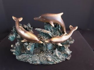Young Incorporated Dolphins Swimming In Coral Reef Over Treasure Shelf Statue