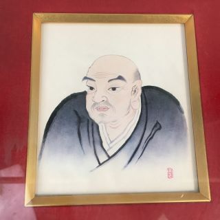 Japanese Framed Painting Vtg Kimono Man Buddhist Monk Nichiren Wood Black J989 2