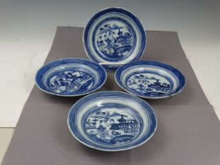4 Antique Early 19th C.  Chinese Export Porcelain Blue And White Canton Bowls