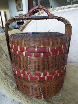Antique Chinese Lunch Box / Wedding Basket / Sewing Box W/beads & Coins Nr