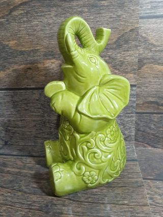 Elephant Ceramic Figurine Statue 9 " Trunk Up Good Luck Green Sitting Decor Urban