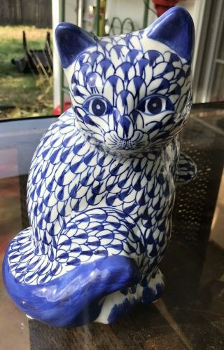 Large Blue And White Fishnet Style Painted Porcelain Cat Figurine