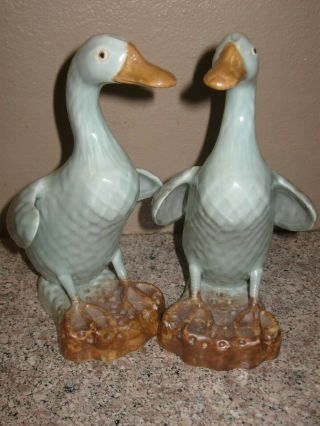 Antique Vintage Pair - White Chinese Porcelain Celadon Duck Goose Bird Figurines