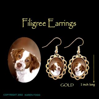 Brittany Spaniel Dog - Gold Filigree Earrings Jewelry