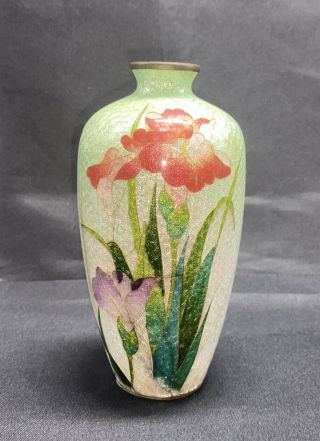 Vintage Small Japanese Cloisonné Green White Vase Flowers 4 3/8” High